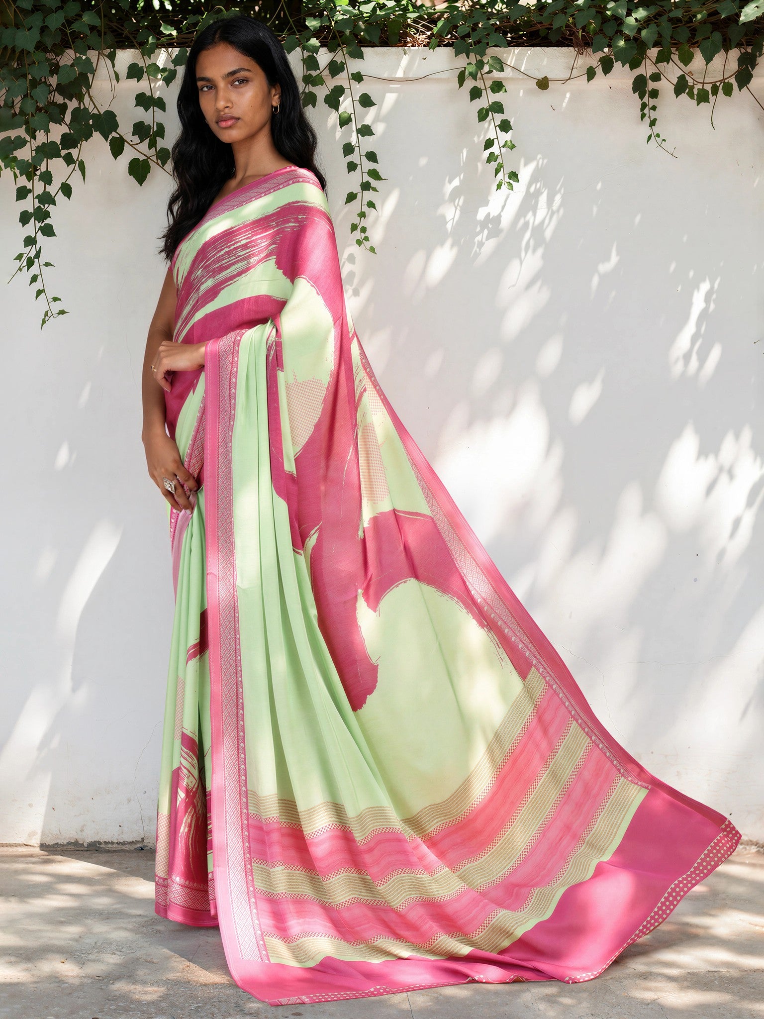 Bubblegum Pink Geometric  Satin Georgette Saree