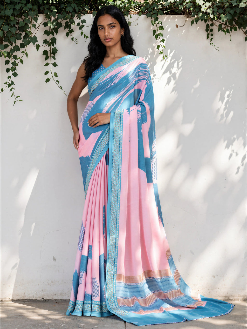 Cyan Blue Geometric  Satin Georgette Saree