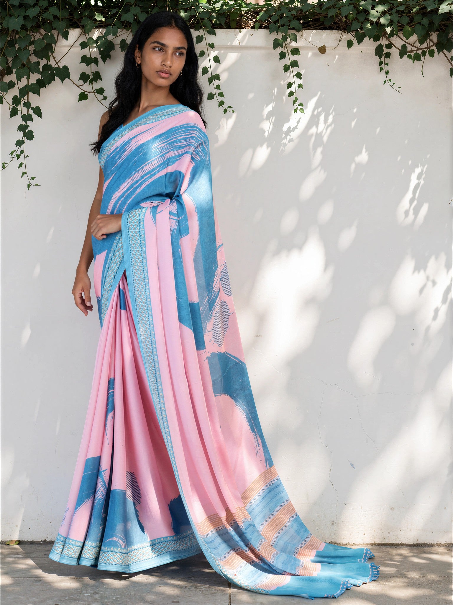 Cyan Blue Geometric  Satin Georgette Saree