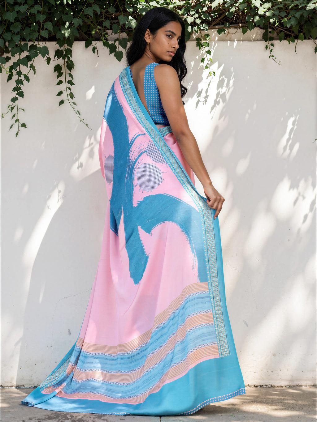 Cyan Blue Geometric  Satin Georgette Saree