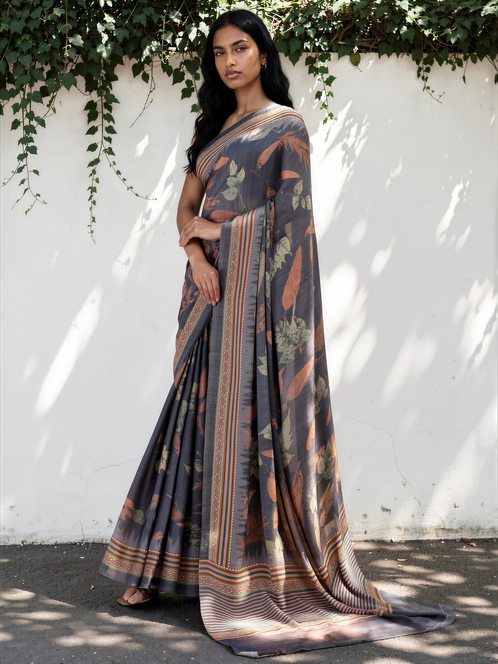 Lead Grey Ethnic Motif Satin Georgette Saree