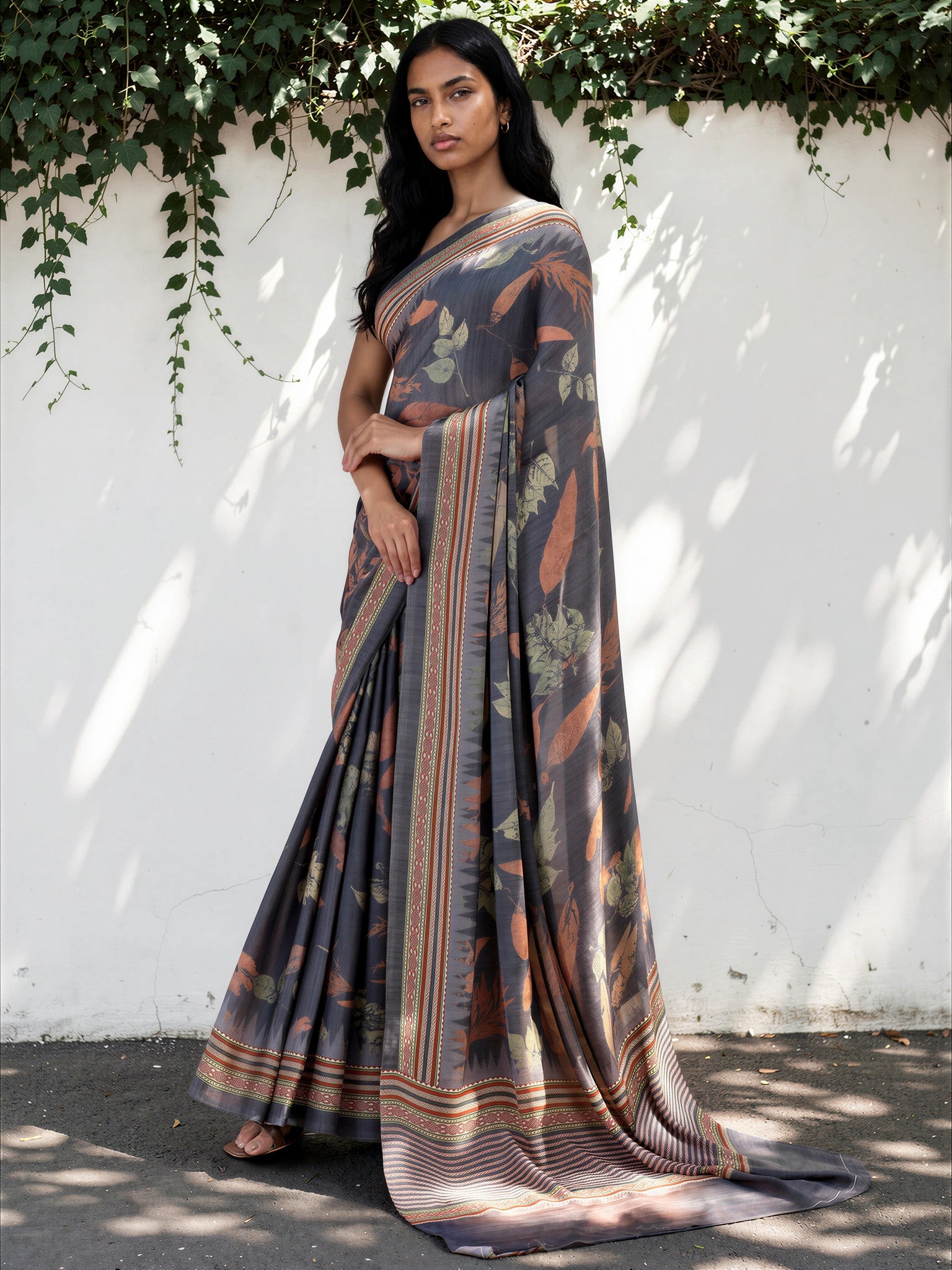 Lead Grey Ethnic Motif Satin Georgette Saree