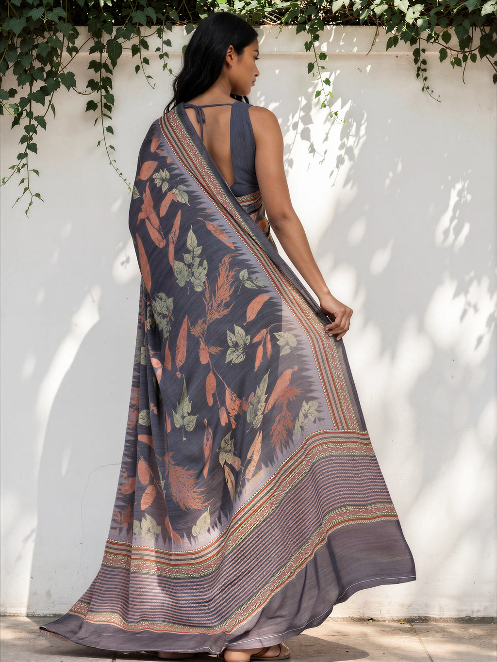Lead Grey Ethnic Motif Satin Georgette Saree
