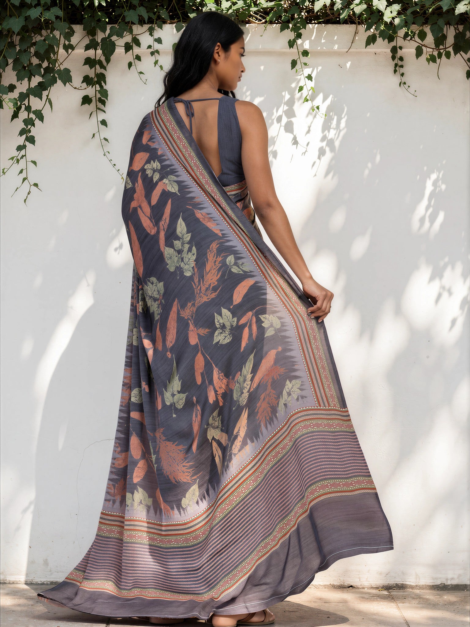 Lead Grey Ethnic Motif Satin Georgette Saree
