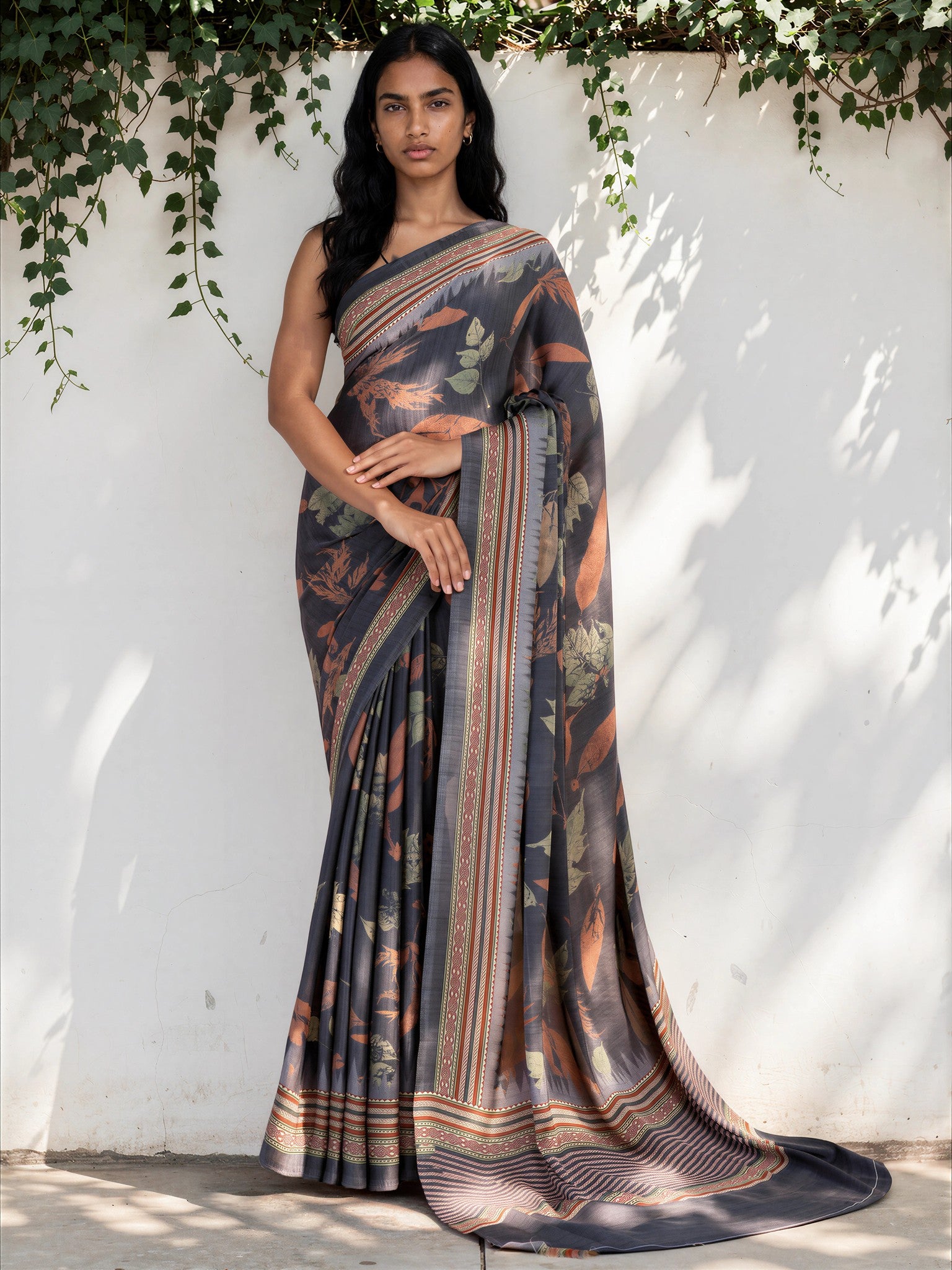 Lead Grey Ethnic Motif Satin Georgette Saree