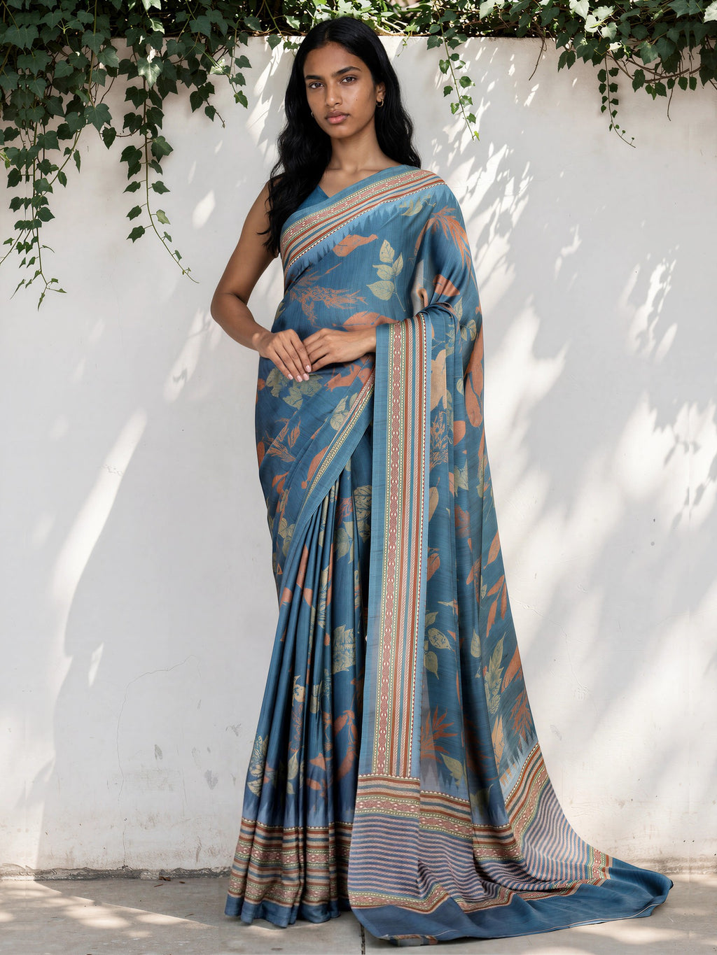 Turquoise Blue Ethnic Motif Satin Georgette Saree