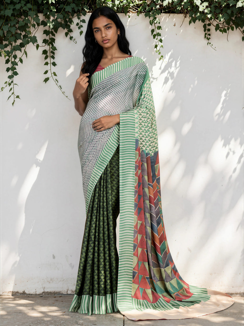 Emerald Green Ethnic Motif Satin Georgette Saree