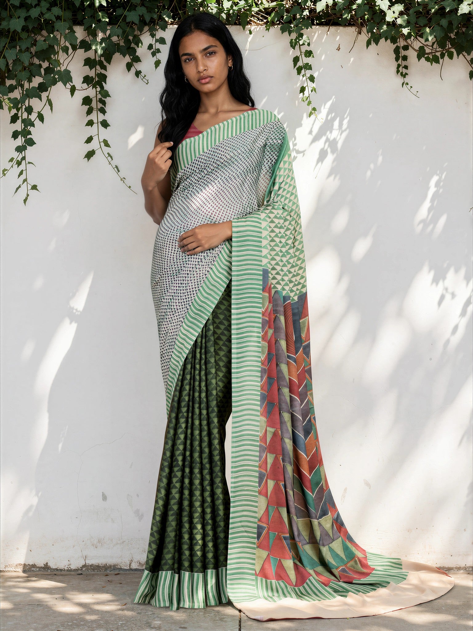 Emerald Green Ethnic Motif Satin Georgette Saree