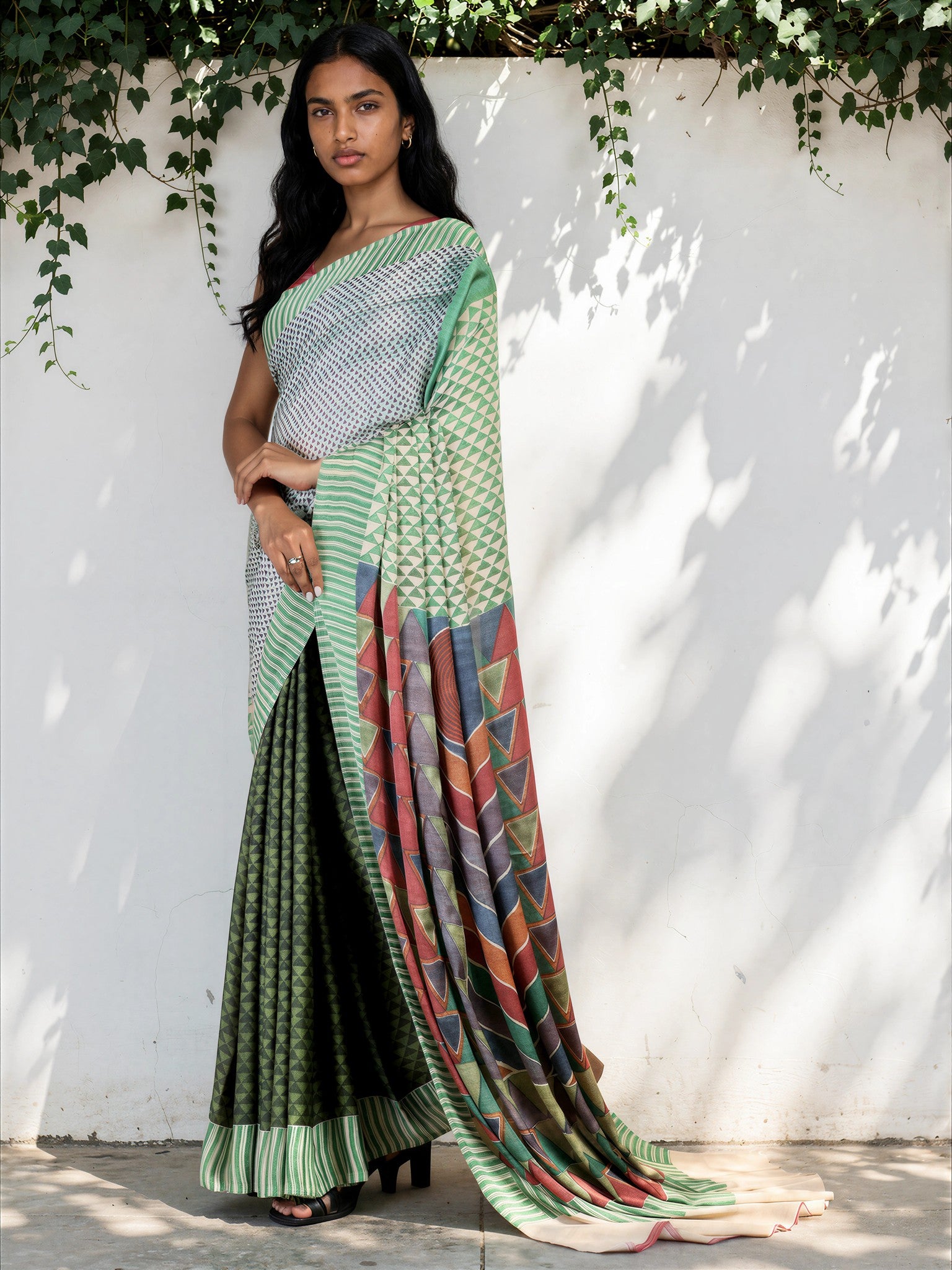 Emerald Green Ethnic Motif Satin Georgette Saree