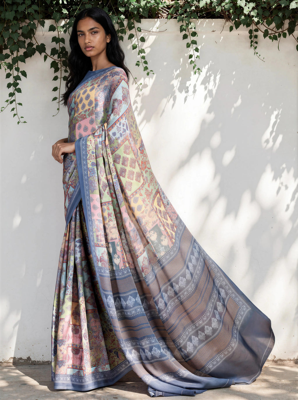 Cornflower Blue Ethnic Motif Satin Georgette Saree