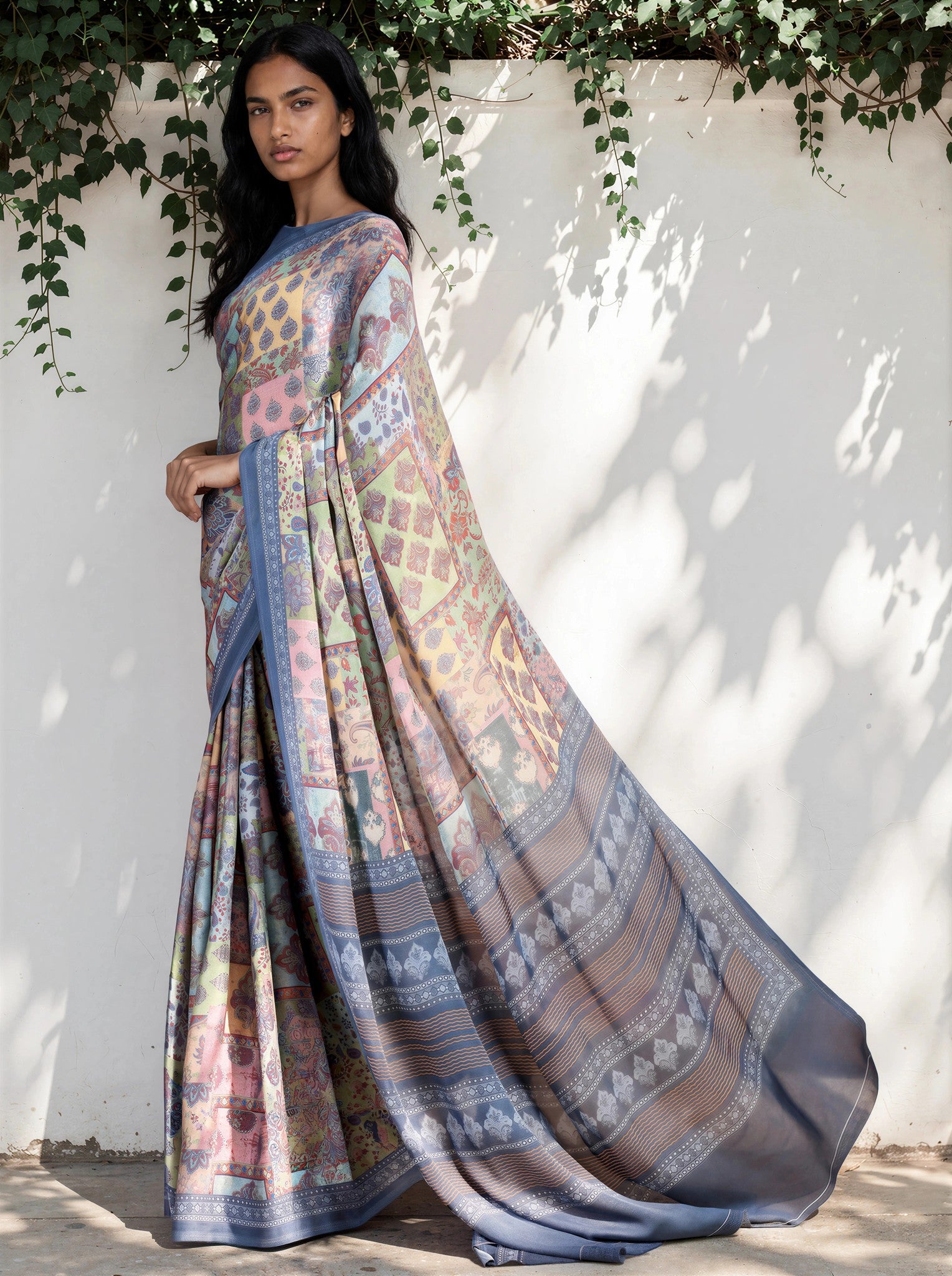 Cornflower Blue Ethnic Motif Satin Georgette Saree