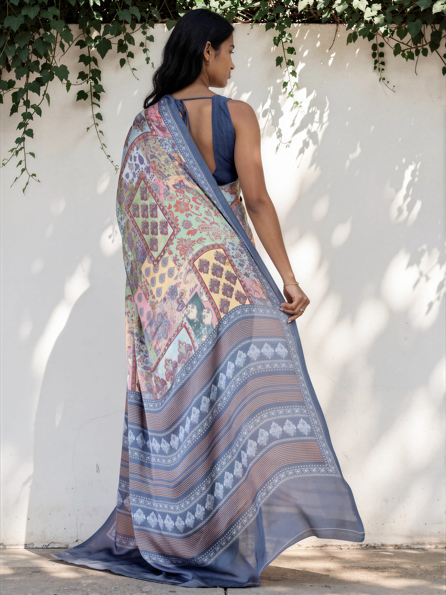 Cornflower Blue Ethnic Motif Satin Georgette Saree