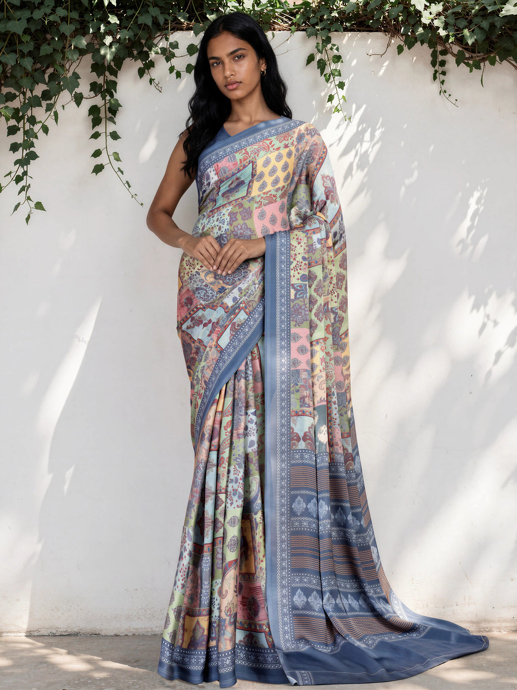 Cornflower Blue Ethnic Motif Satin Georgette Saree