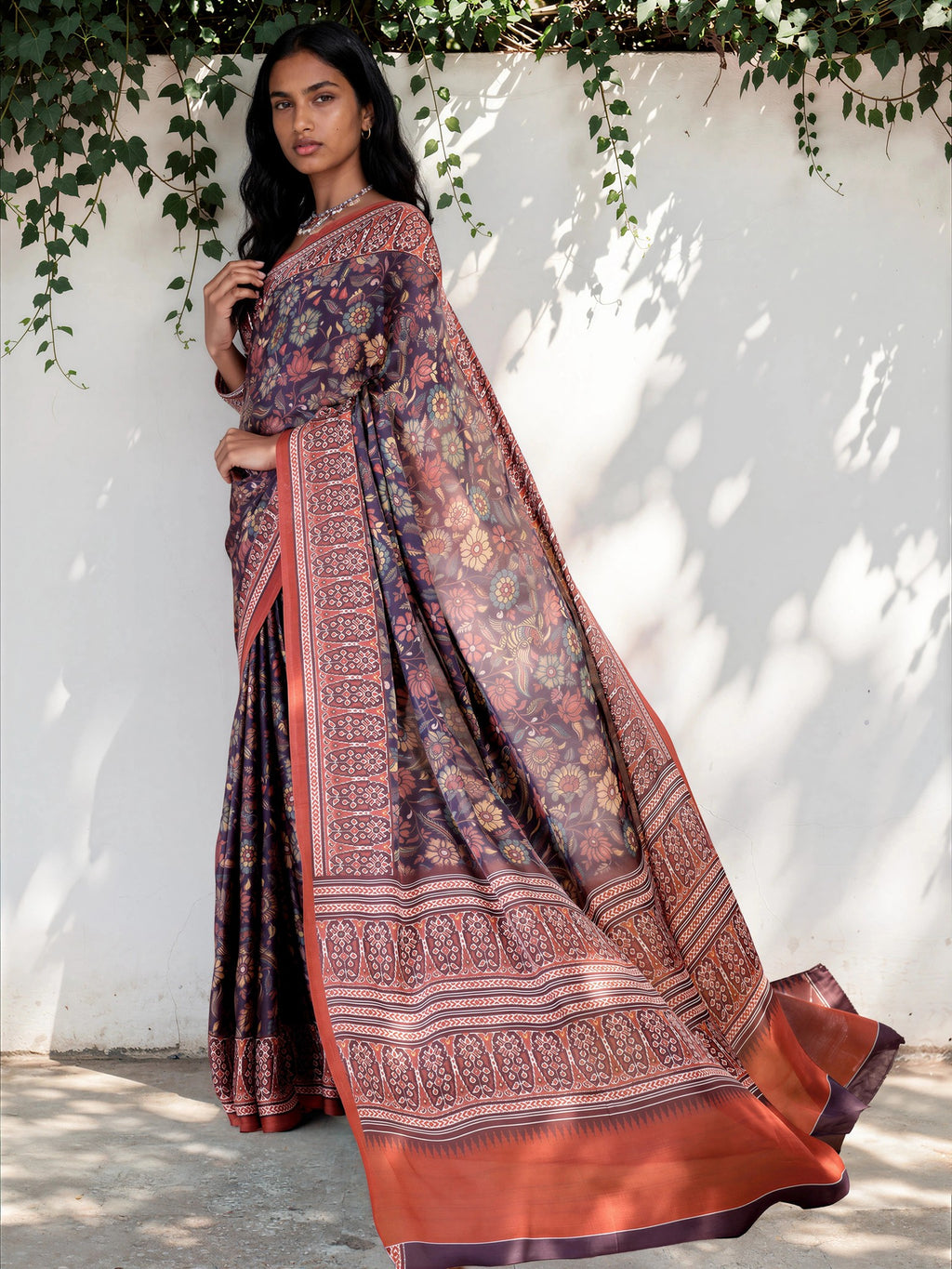 Burgundy Red Ethnic Motif Satin Georgette Saree