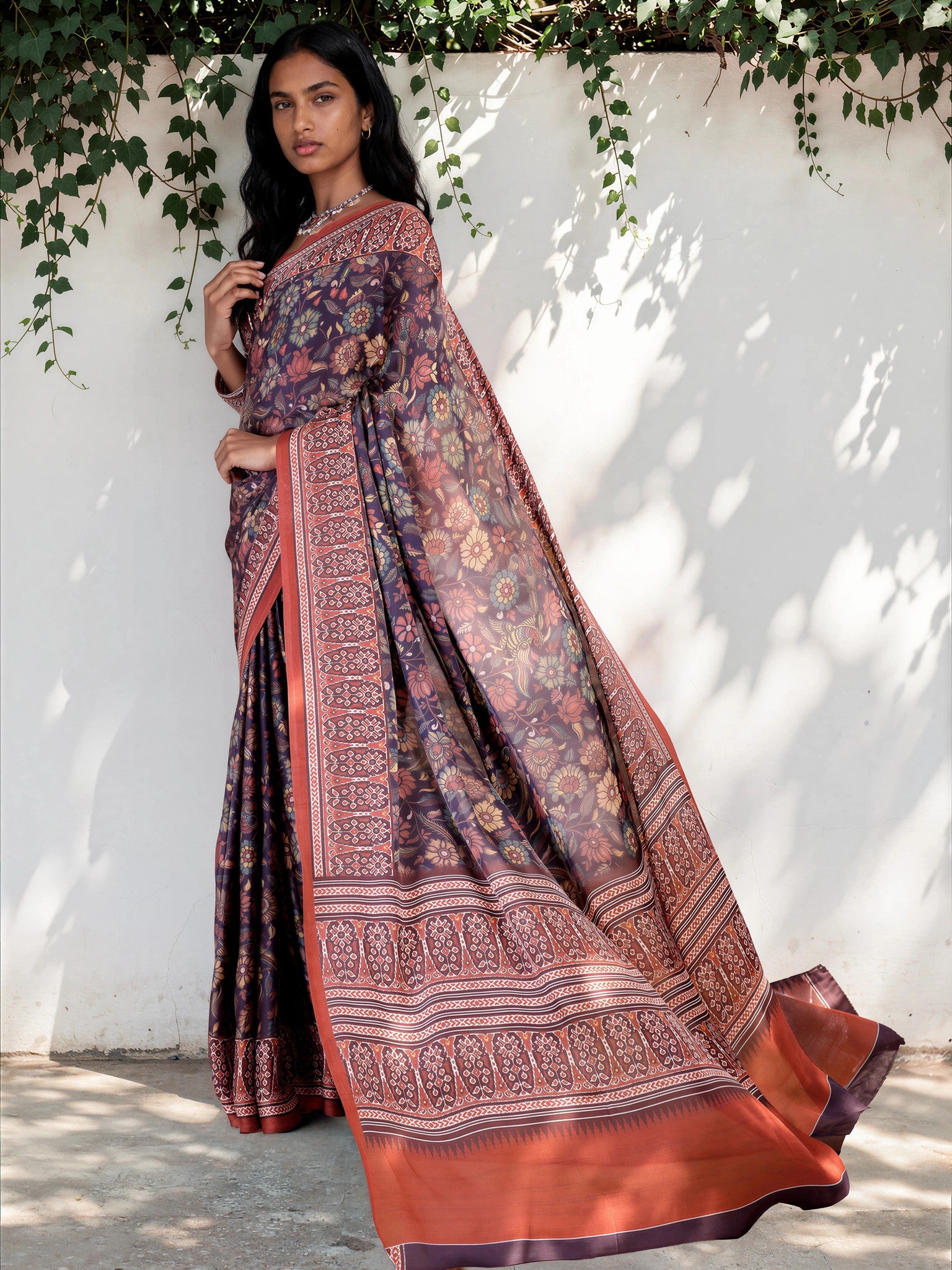 Burgundy Red Ethnic Motif Satin Georgette Saree