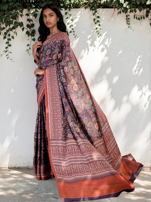 Burgundy Red Ethnic Motif Satin Georgette Saree