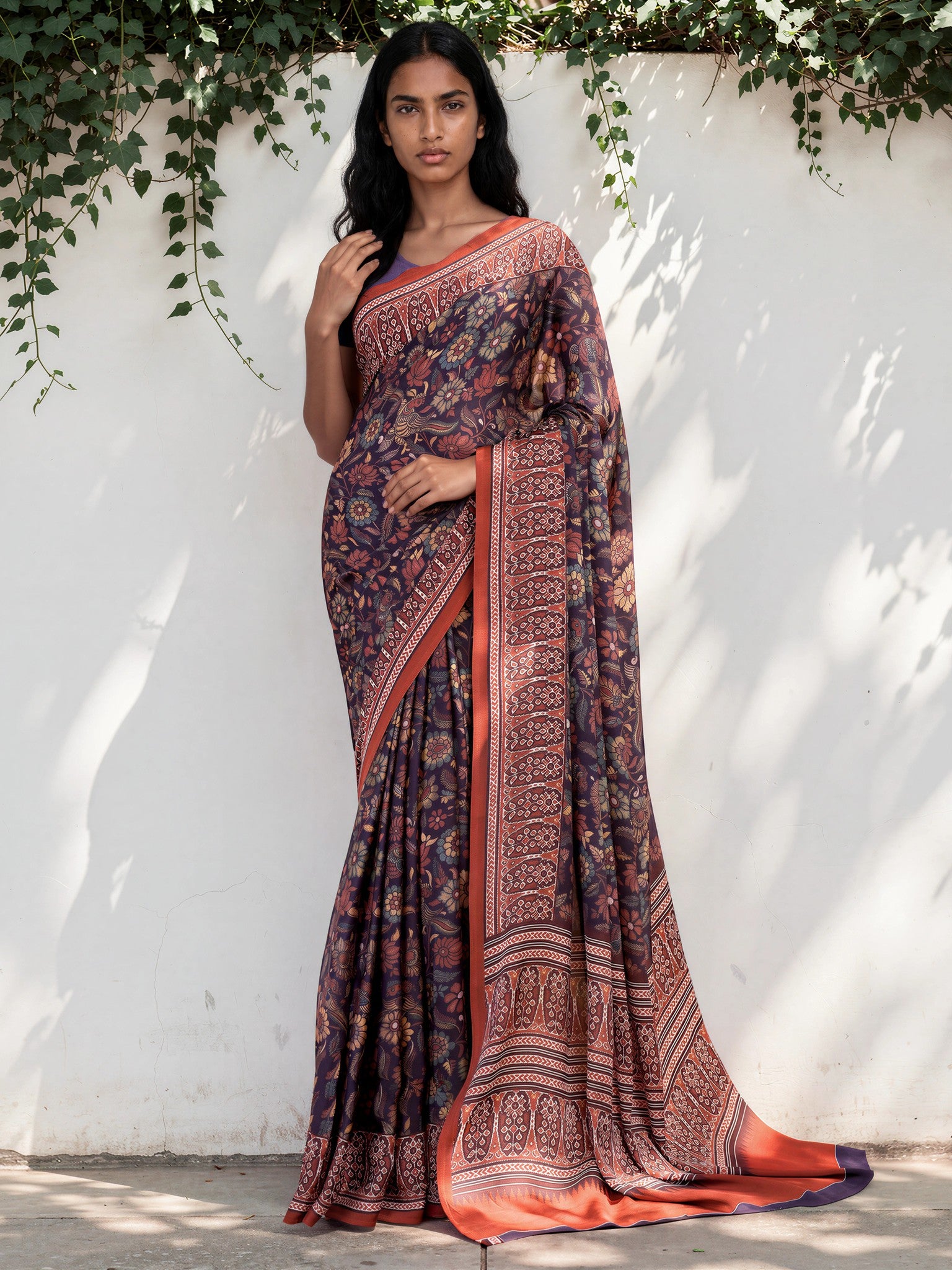 Burgundy Red Ethnic Motif Satin Georgette Saree