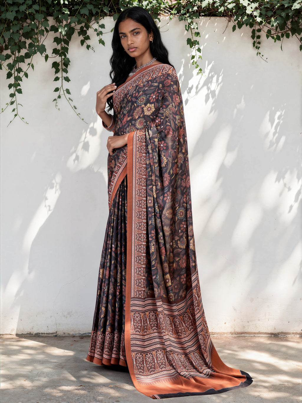 Chestnut Brown Ethnic Motif Satin Georgette Saree