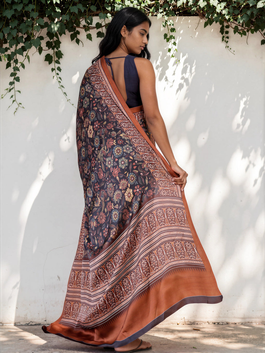Chestnut Brown Ethnic Motif Satin Georgette Saree