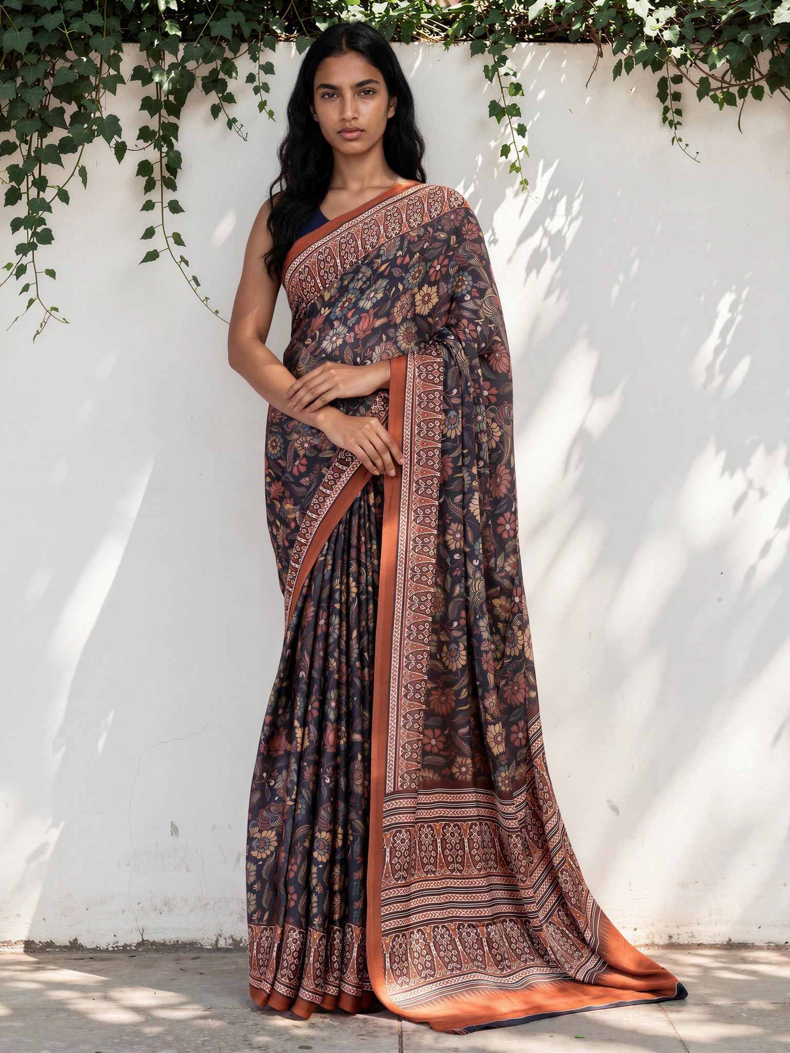Chestnut Brown Ethnic Motif Satin Georgette Saree