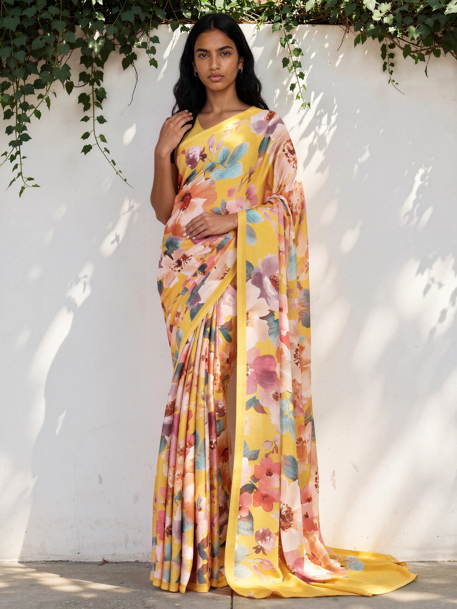 Cream Yellow Floral  Satin Georgette Saree
