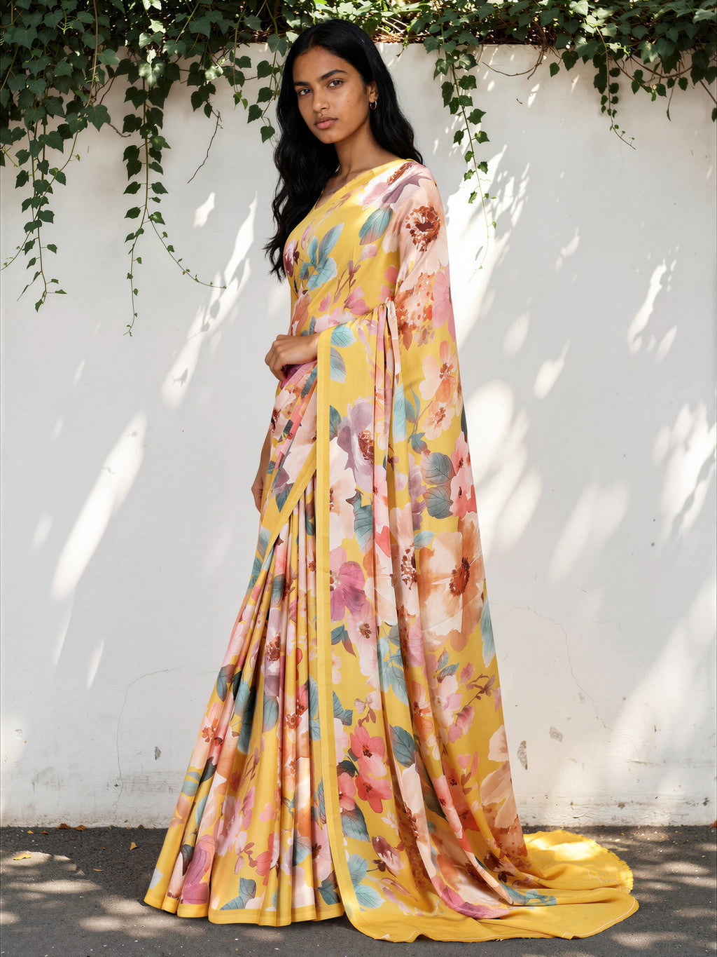 Cream Yellow Floral  Satin Georgette Saree