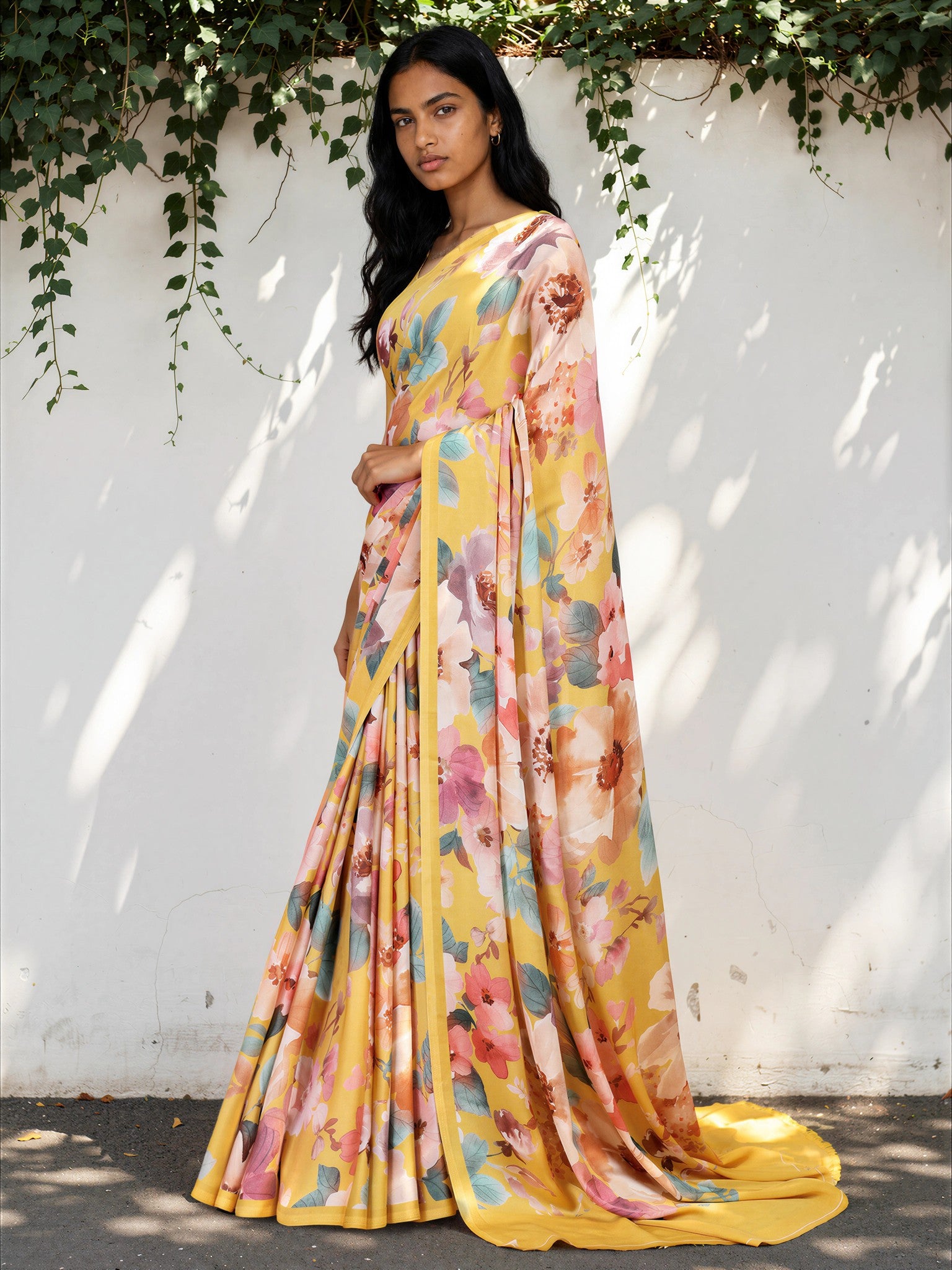 Cream Yellow Floral  Satin Georgette Saree
