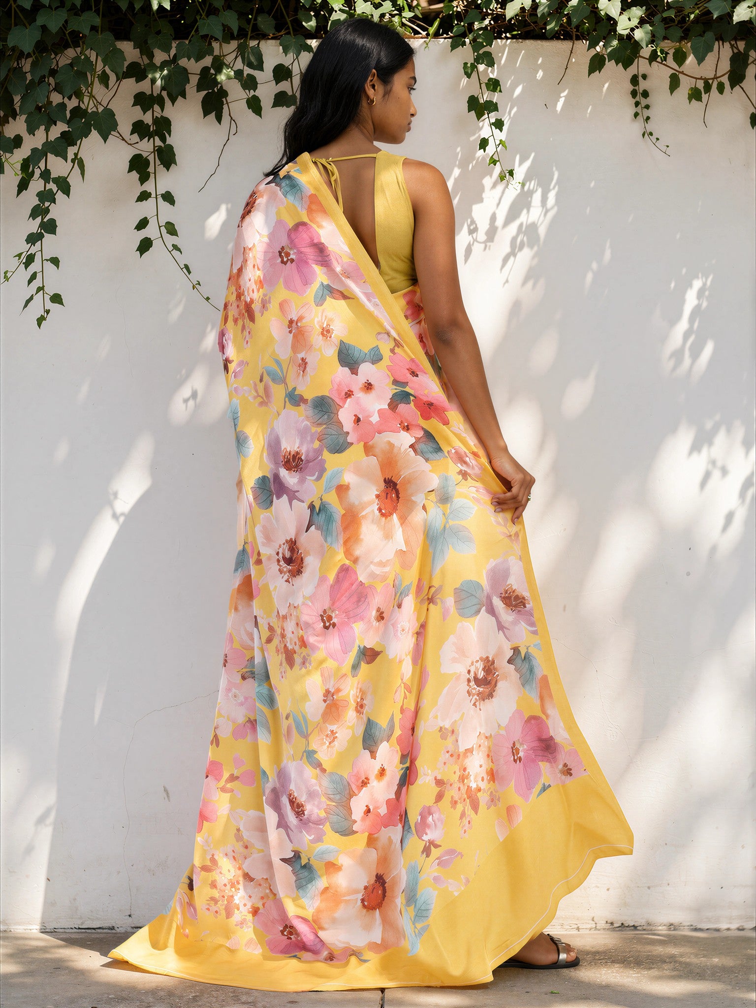 Cream Yellow Floral  Satin Georgette Saree