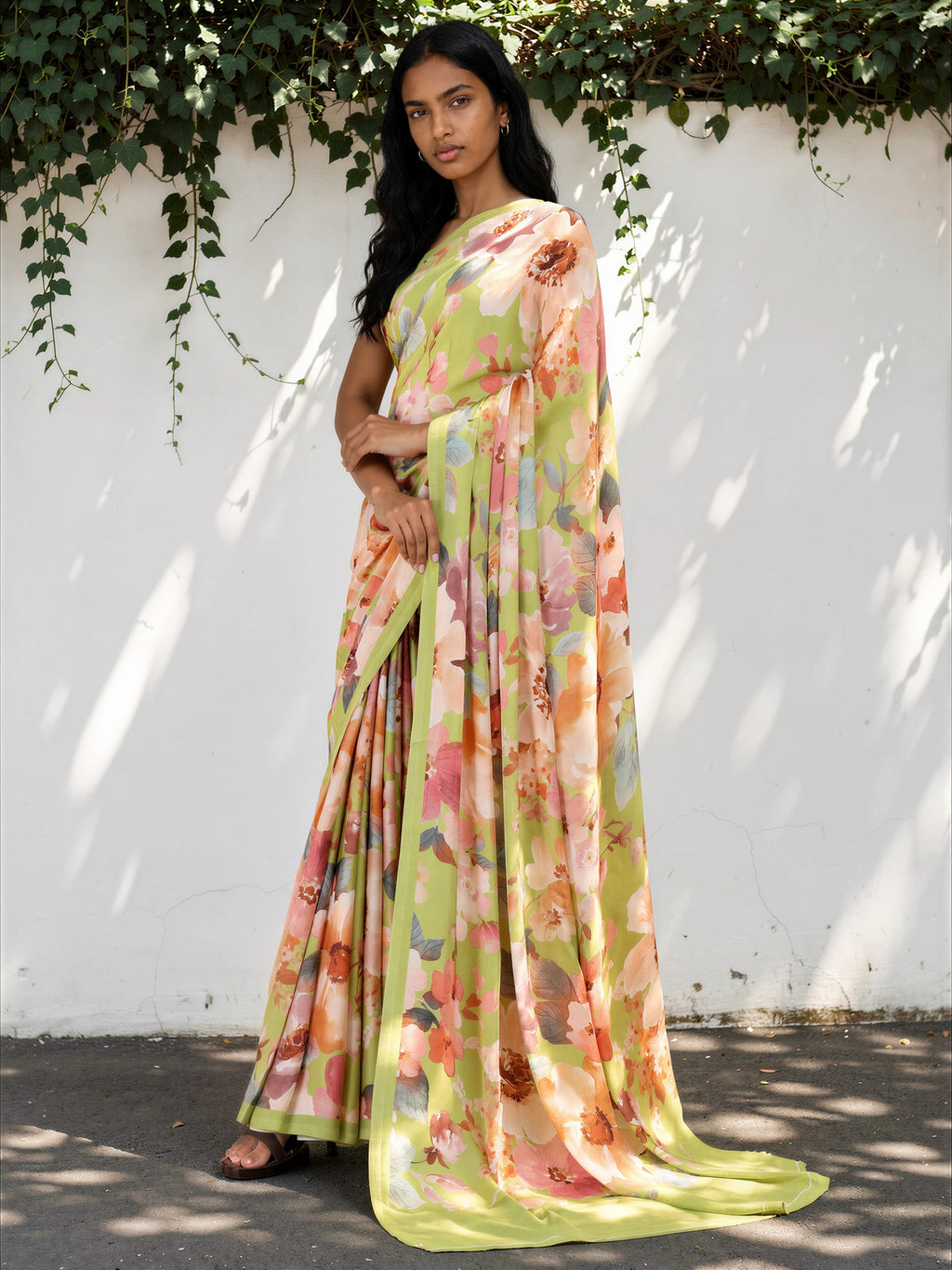 Lime Green Floral  Satin Georgette Saree