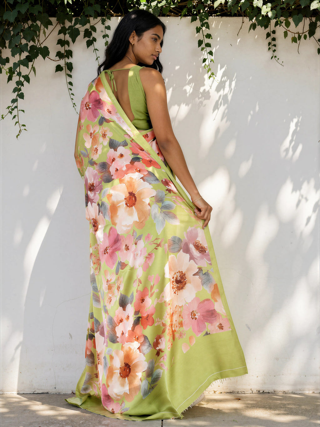 Lime Green Floral  Satin Georgette Saree