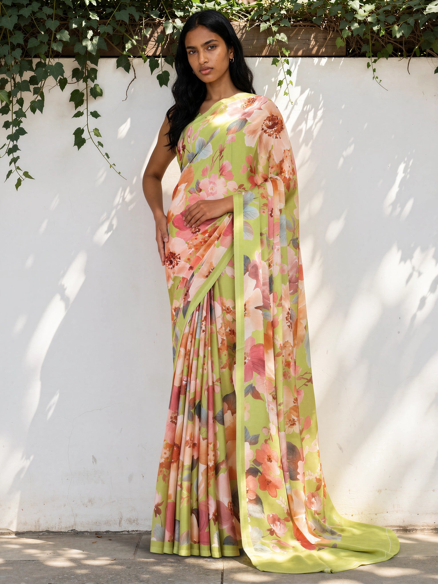 Lime Green Floral  Satin Georgette Saree