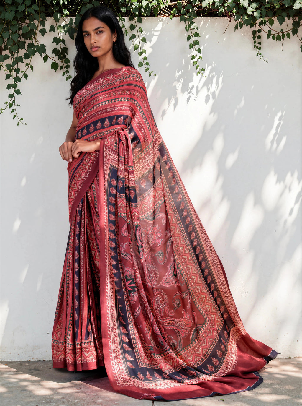 Crimson Red Ethnic Motif Satin Georgette Saree