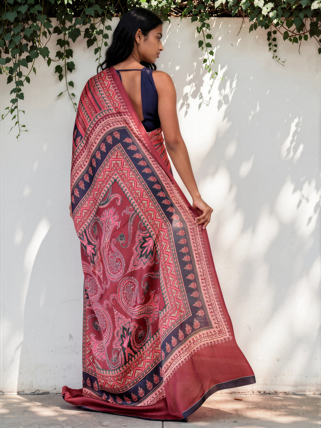 Crimson Red Ethnic Motif Satin Georgette Saree