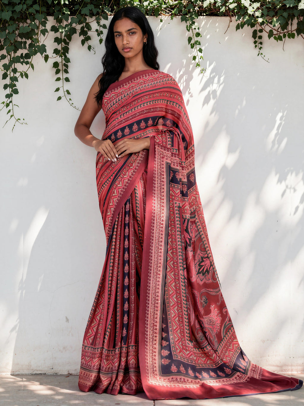 Crimson Red Ethnic Motif Satin Georgette Saree