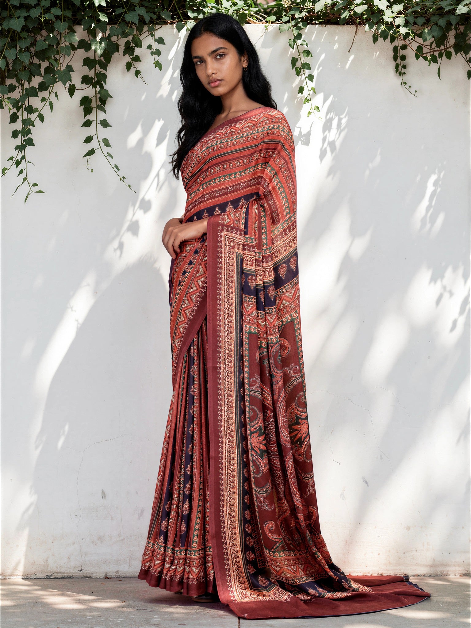 Brick Red Ethnic Motif Satin Georgette Saree