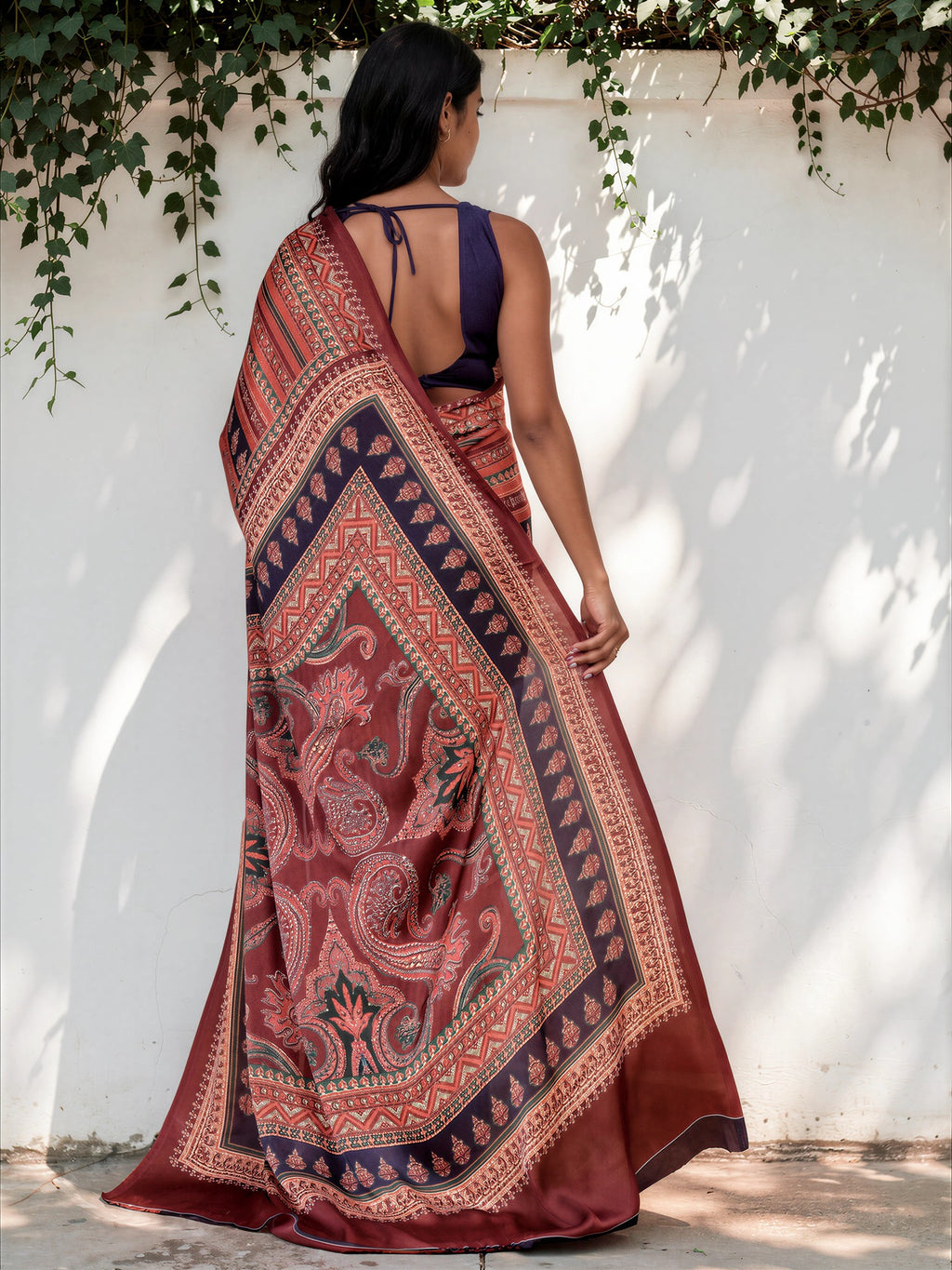 Brick Red Ethnic Motif Satin Georgette Saree