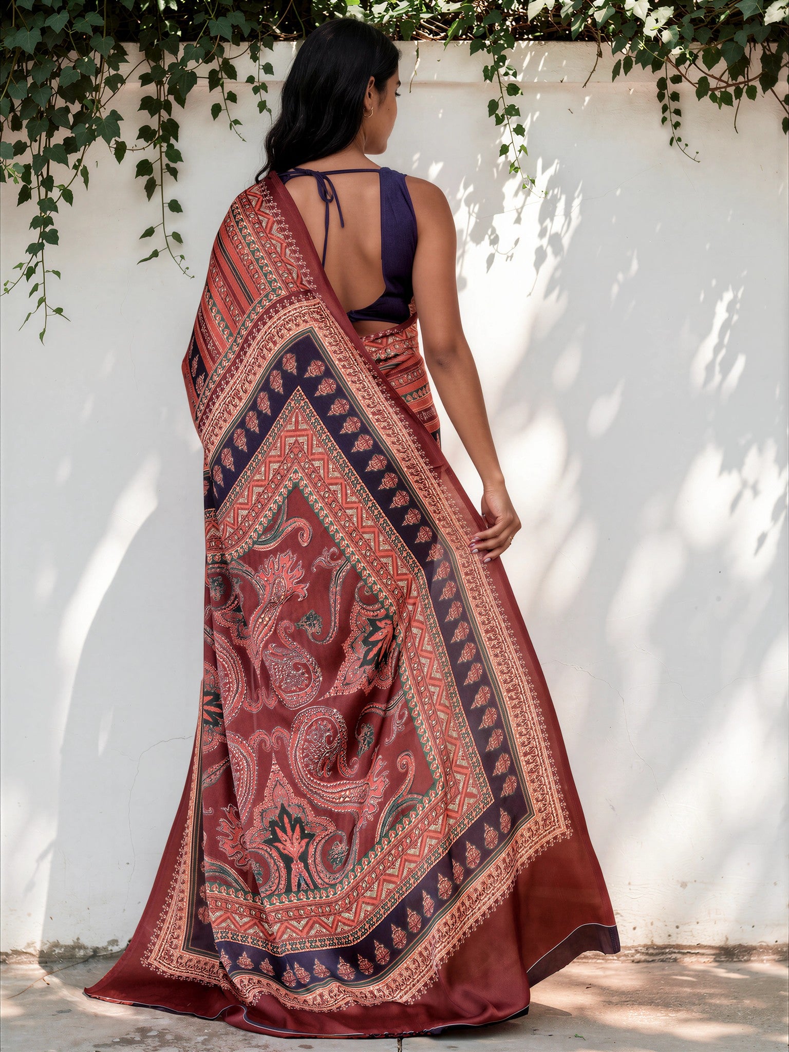Brick Red Ethnic Motif Satin Georgette Saree