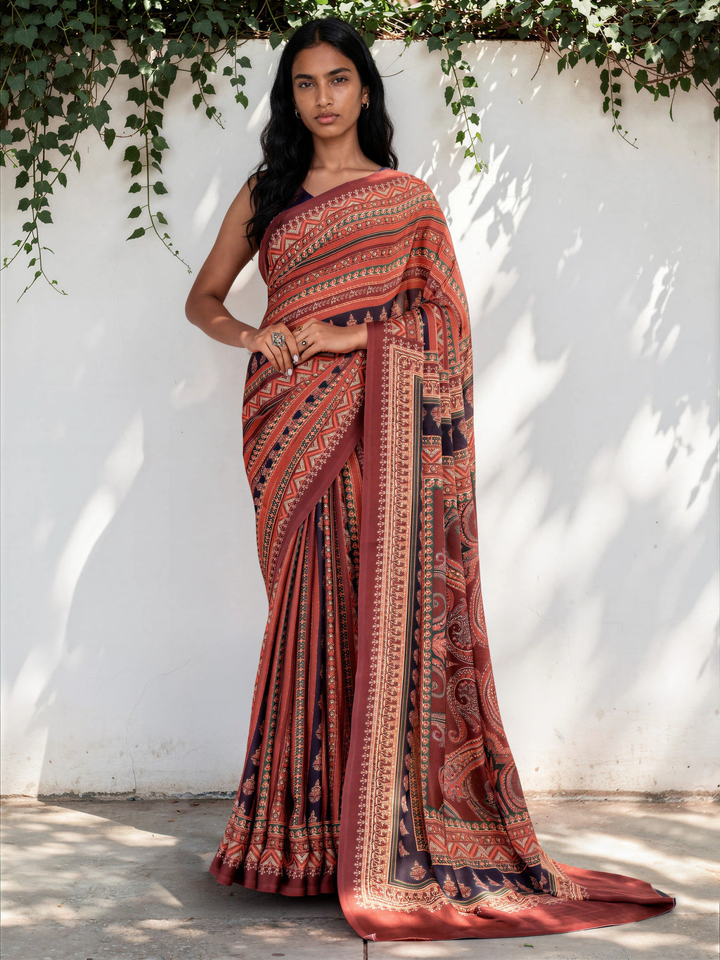 Brick Red Ethnic Motif Satin Georgette Saree