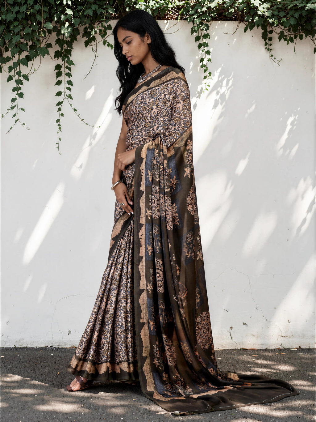 Mouse Grey Ethnic Motif Satin Georgette Saree