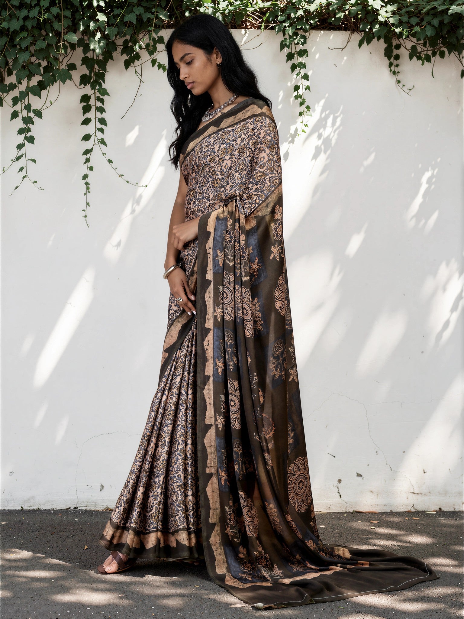 Mouse Grey Ethnic Motif Satin Georgette Saree