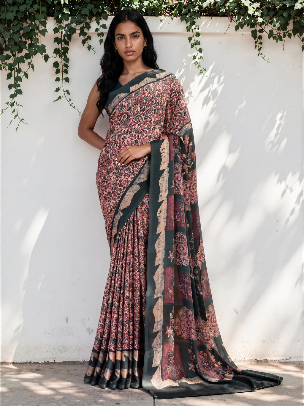 Bronze Brown Ethnic Motif Satin Georgette Saree