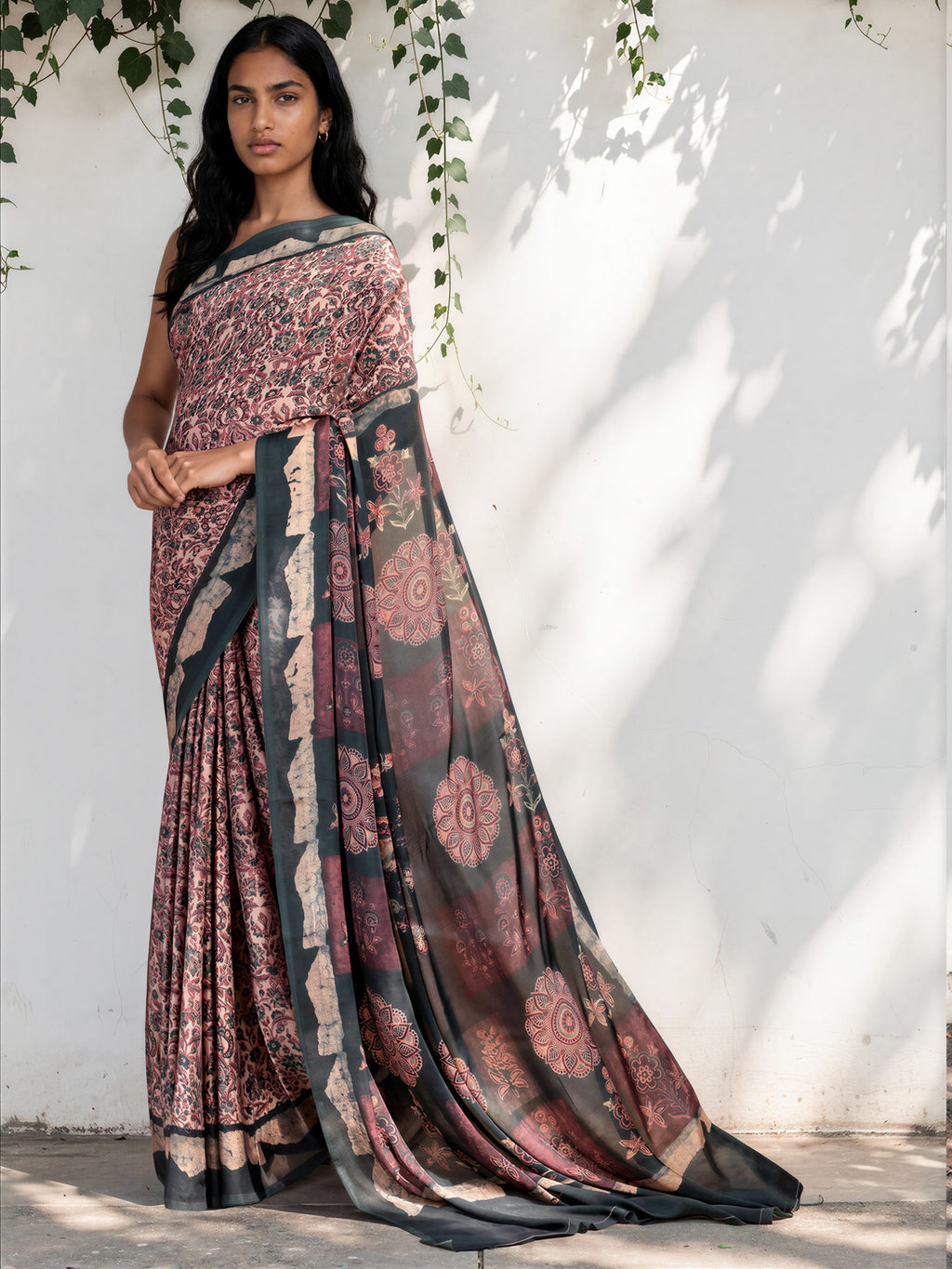 Bronze Brown Ethnic Motif Satin Georgette Saree