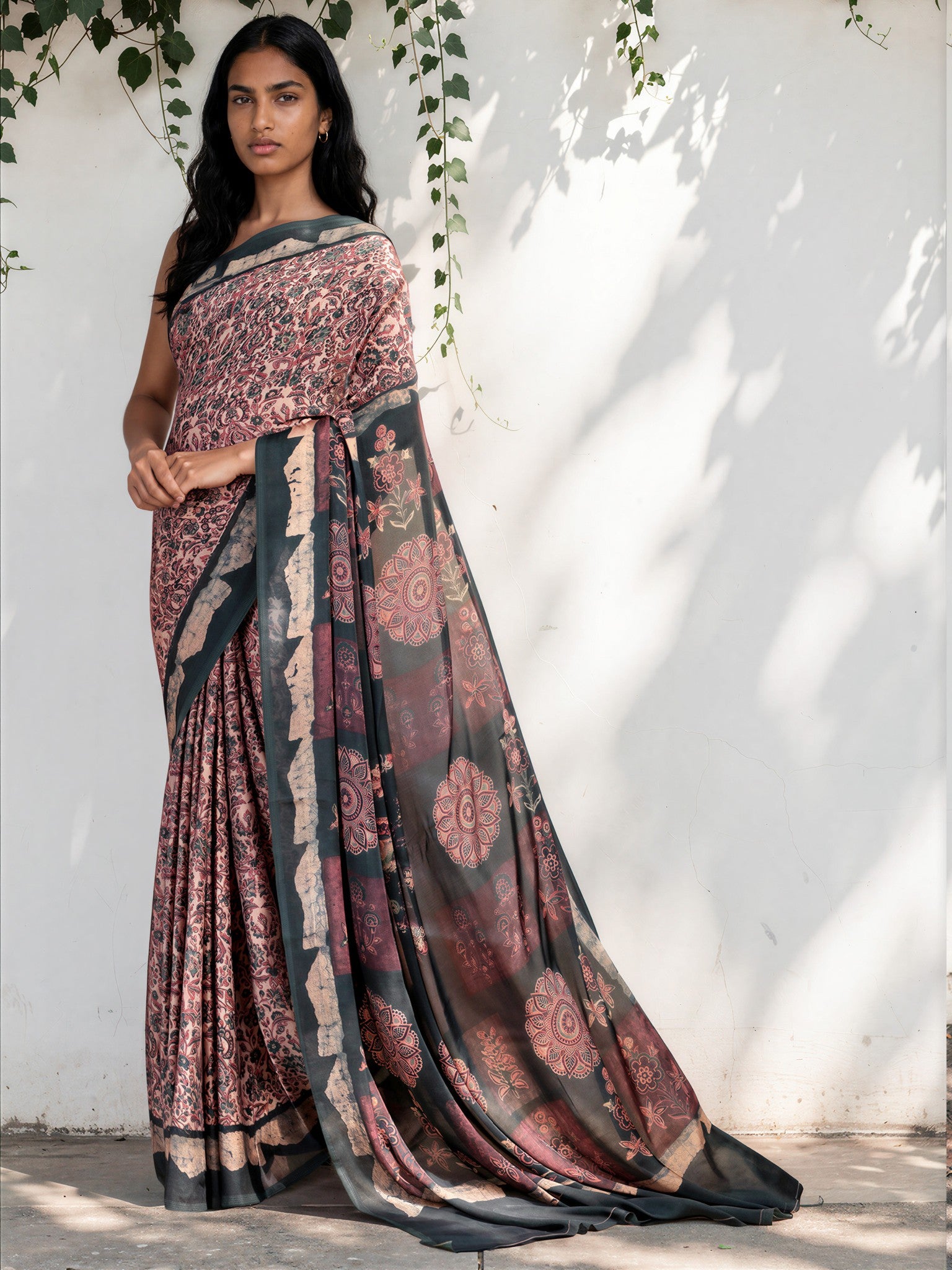 Bronze Brown Ethnic Motif Satin Georgette Saree