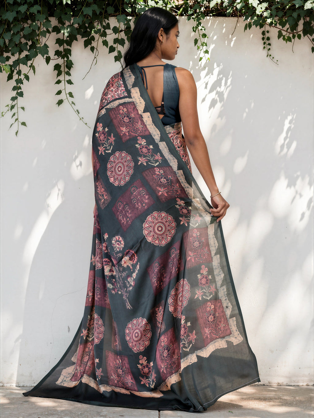 Bronze Brown Ethnic Motif Satin Georgette Saree