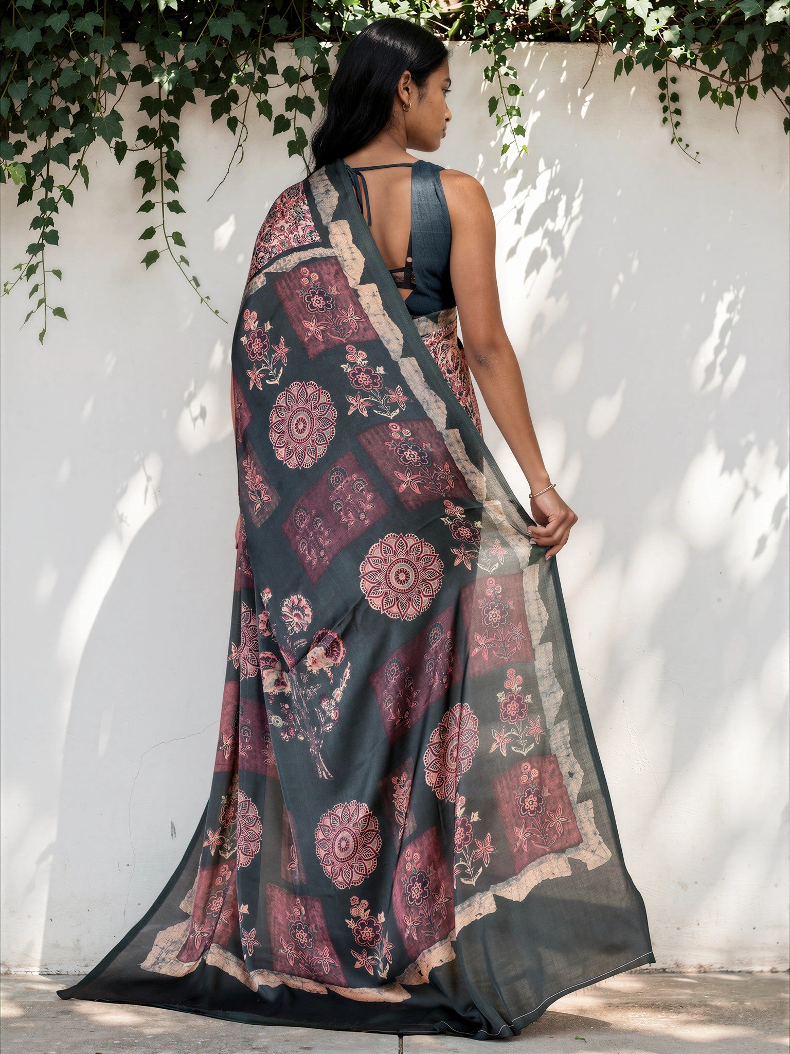 Bronze Brown Ethnic Motif Satin Georgette Saree