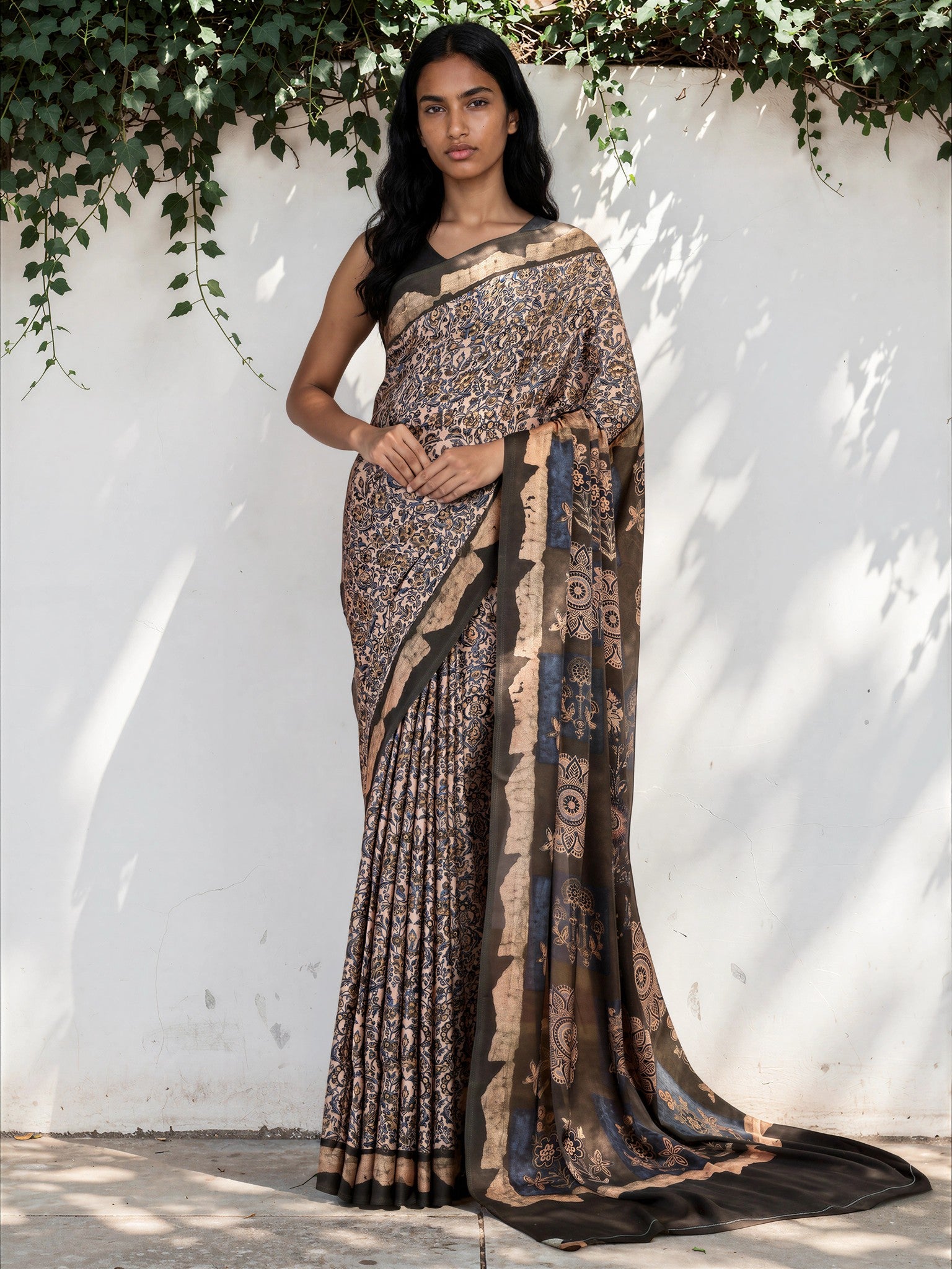 Mouse Grey Ethnic Motif Satin Georgette Saree