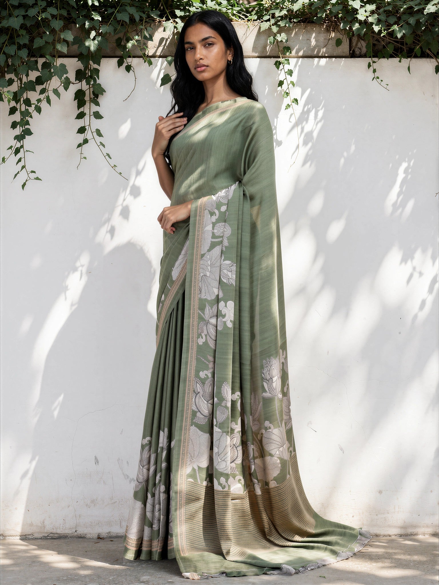 Pistachio Green Ethnic Motif Satin Georgette Saree