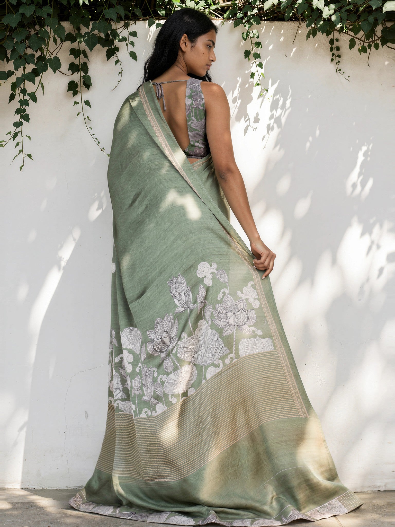 Pistachio Green Ethnic Motif Satin Georgette Saree