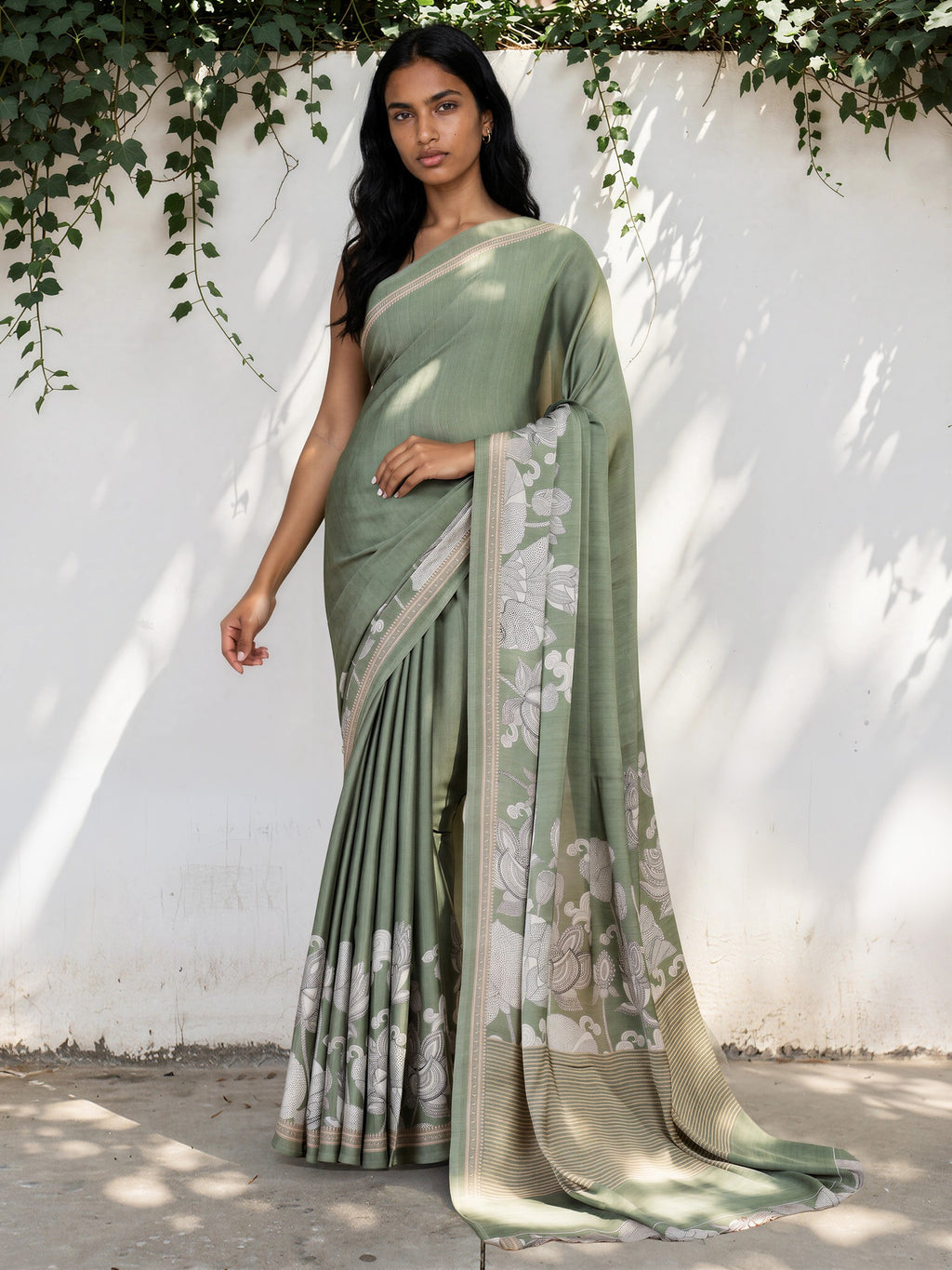 Pistachio Green Ethnic Motif Satin Georgette Saree