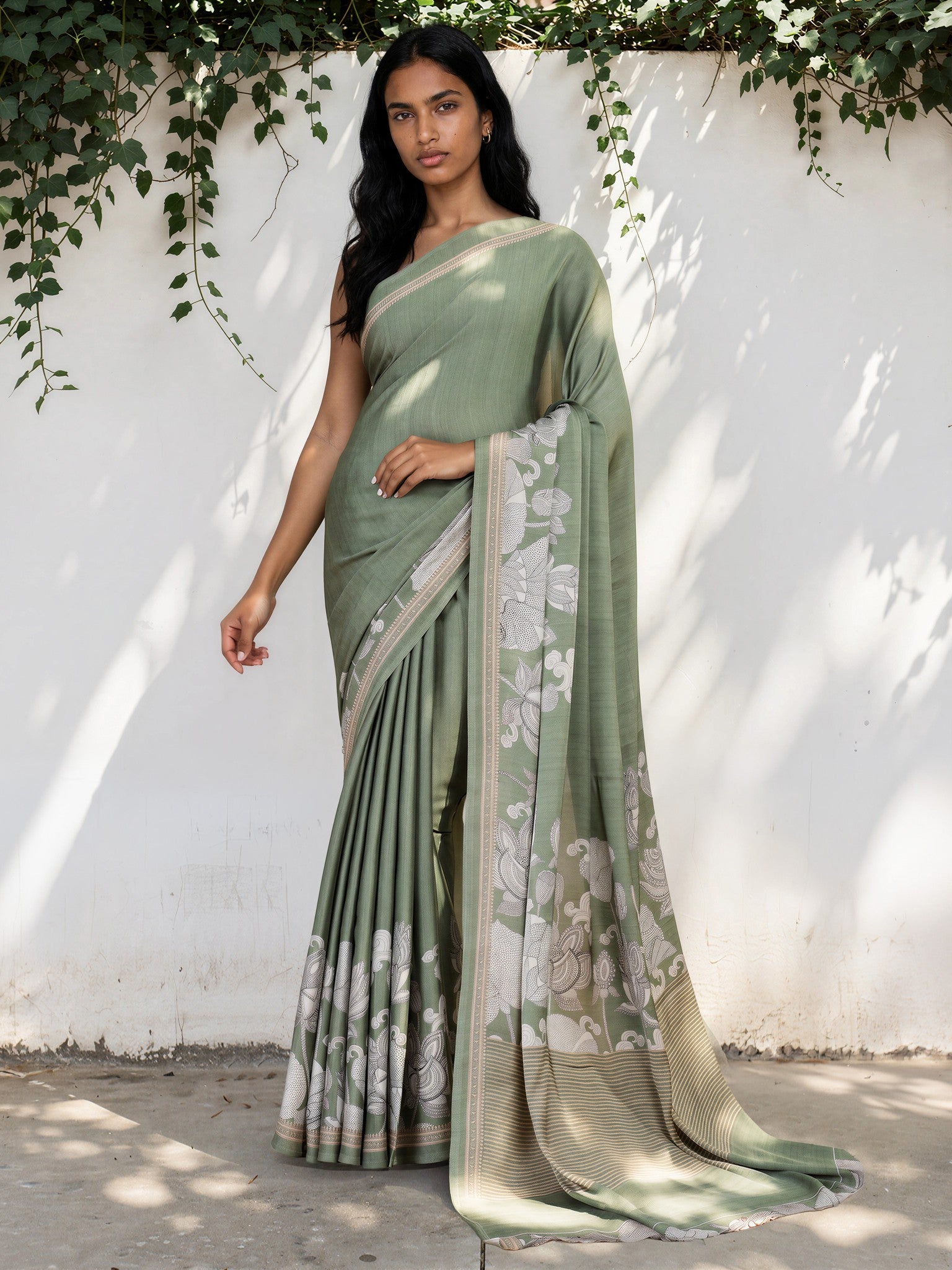 Pistachio Green Ethnic Motif Satin Georgette Saree